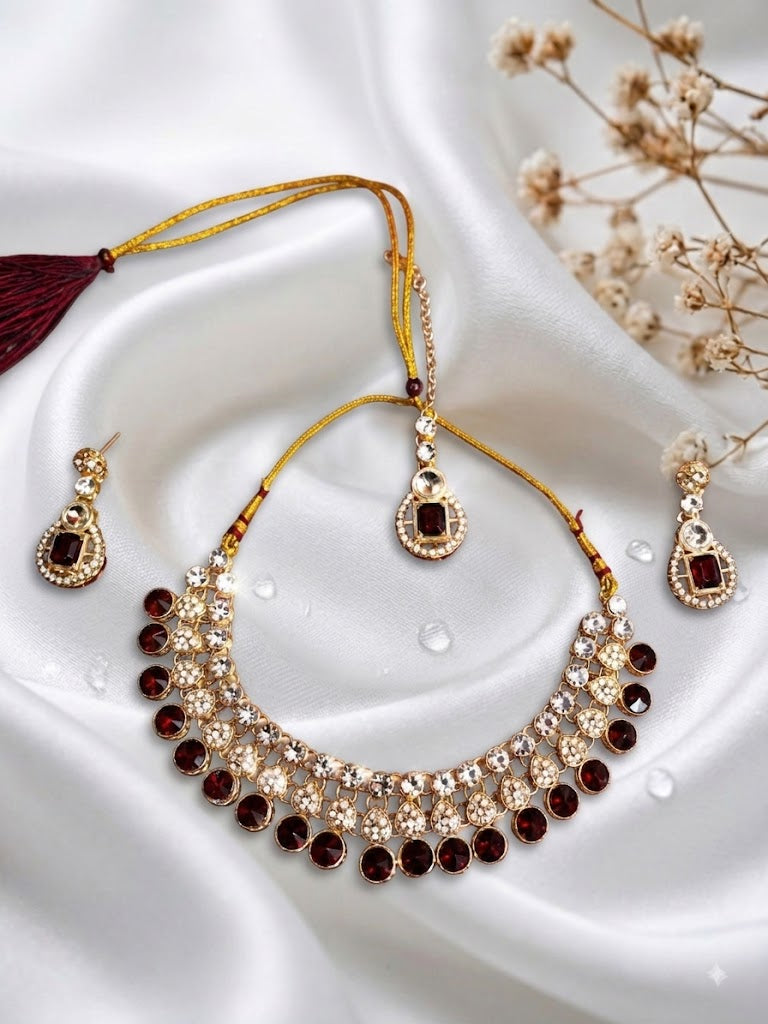 Gold Plated Maroon Stone Necklace Set