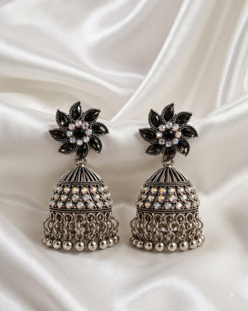 Black Stone Oxidized Jhumka Earrings for Women