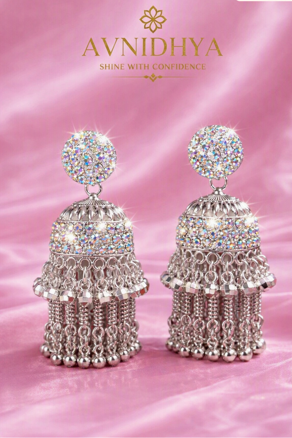 Silver Crystal Jhumka Earrings