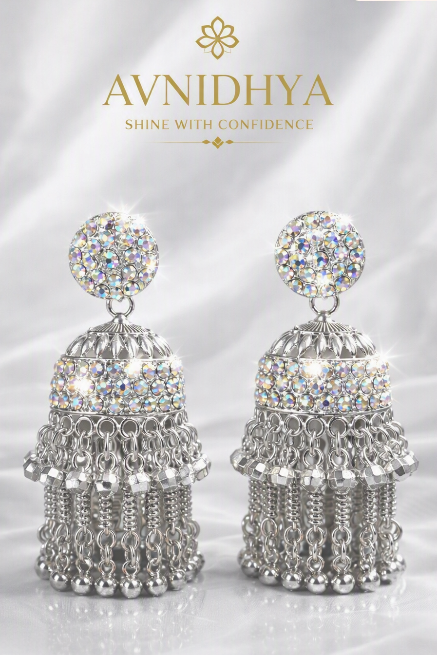 Silver Crystal Jhumka Earrings