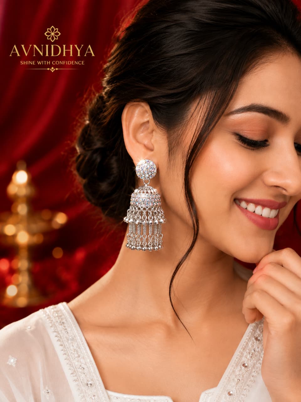Silver Crystal Jhumka Earrings