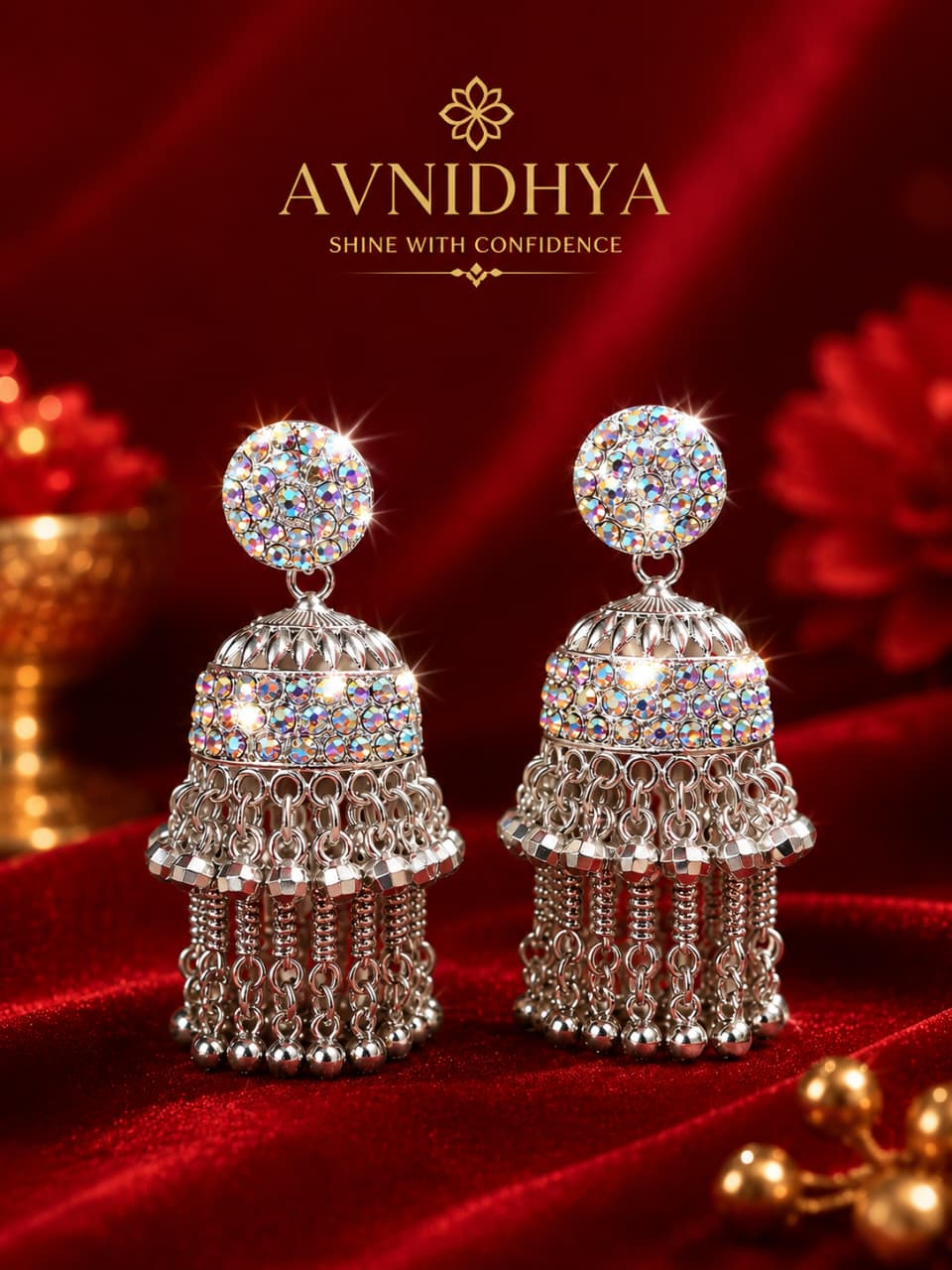 Silver Crystal Jhumka Earrings