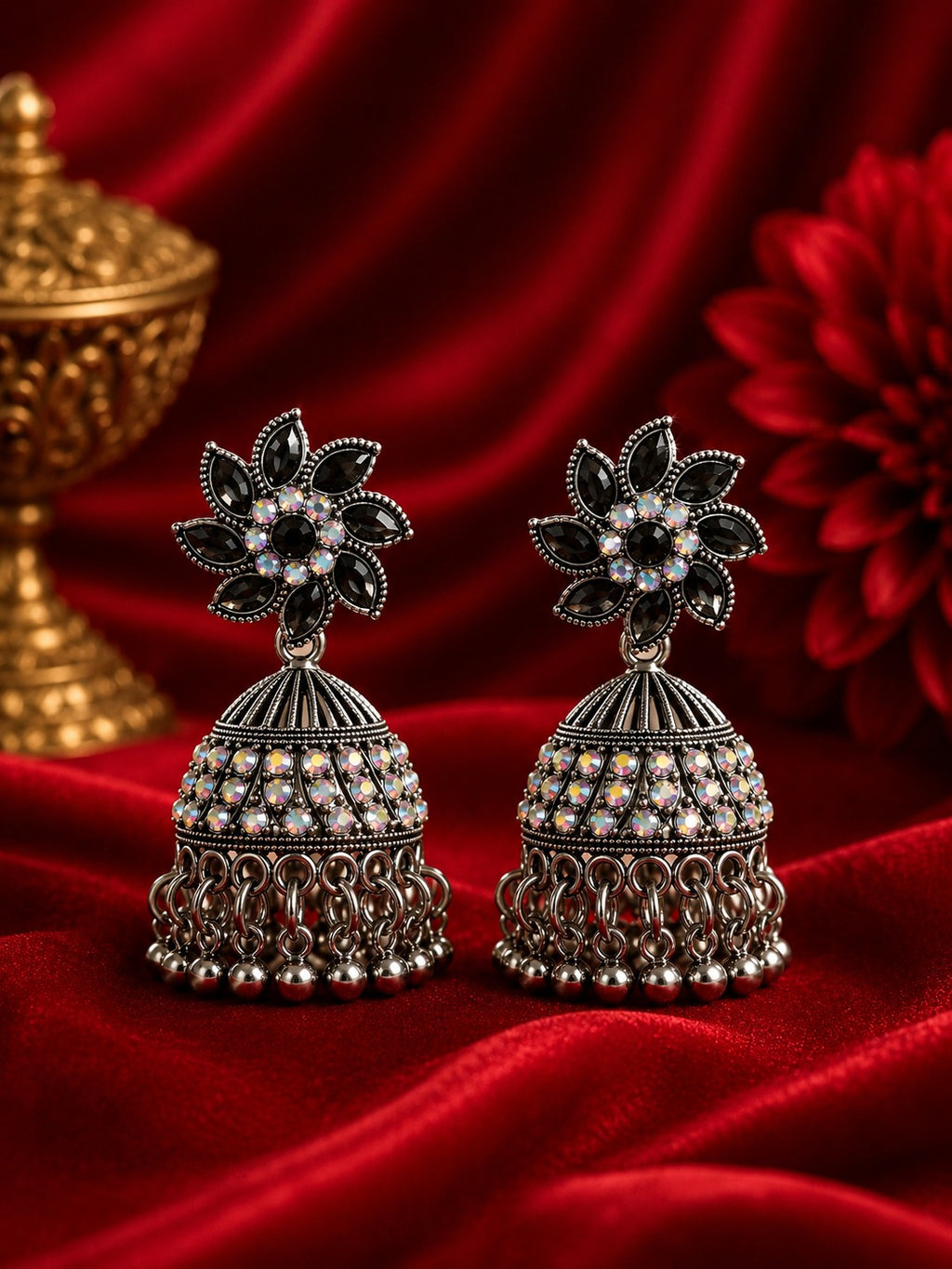Black Stone Oxidized Jhumka Earrings for Women