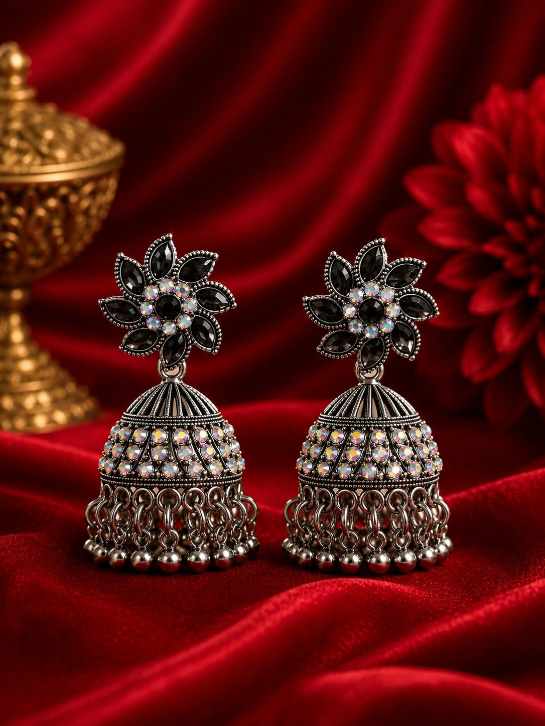 Black Stone Oxidized Jhumka Earrings for Women