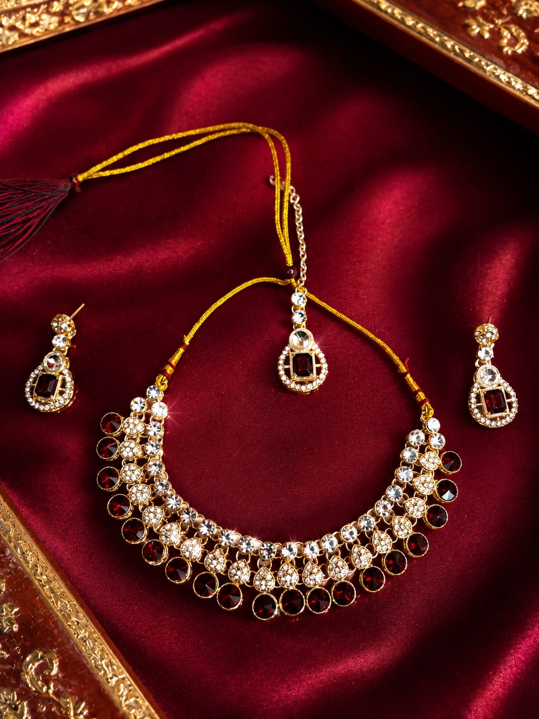 Gold Plated Maroon Stone Necklace Set