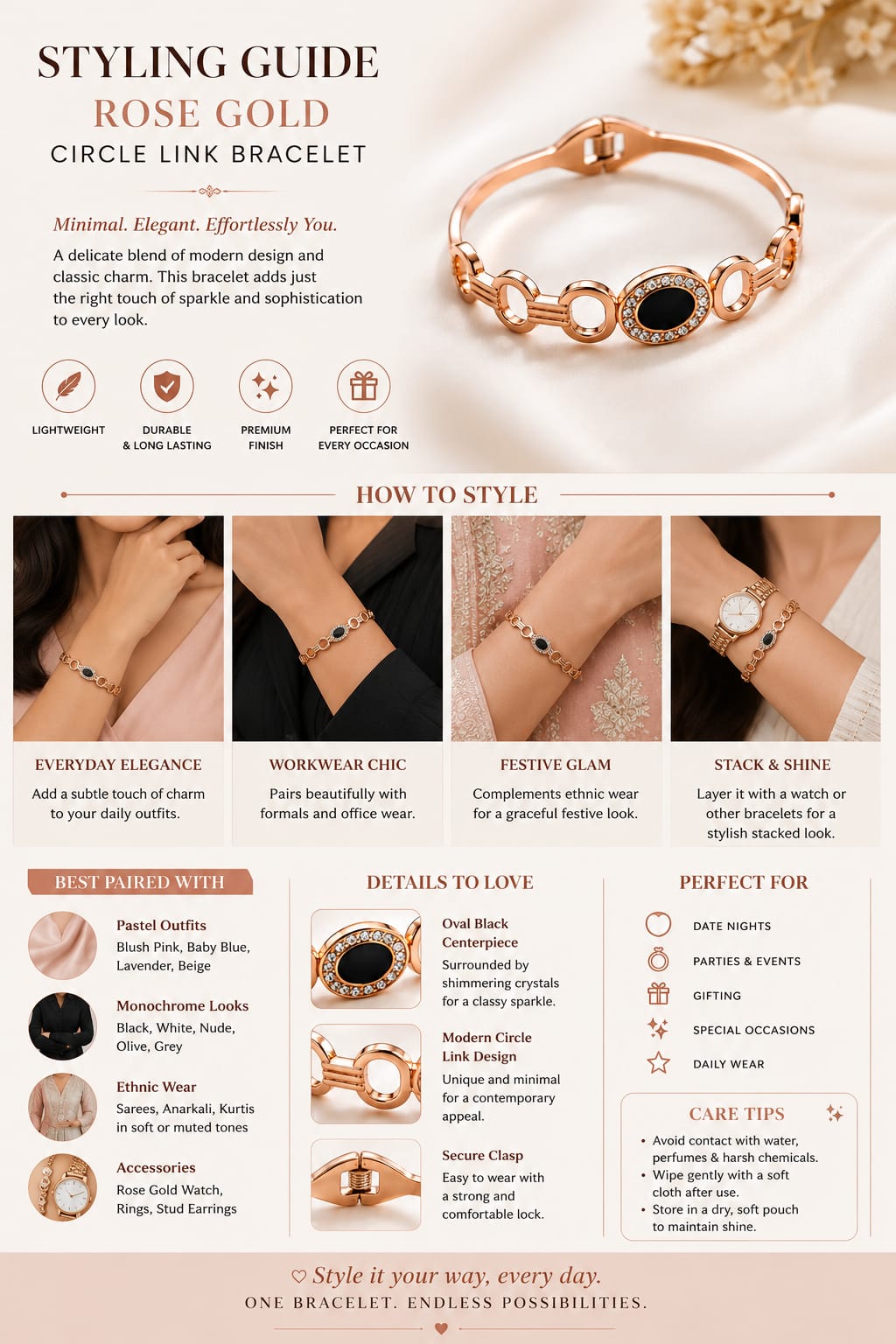 Rose Gold Black Charm Bracelet